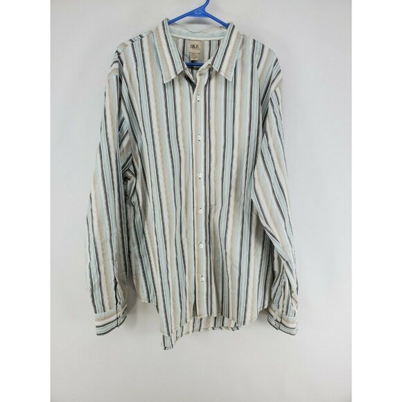 BKE Contour Button Up Shirt Men's Size XXL Stretch Brown Blue Stripes - Picture 1 of 6